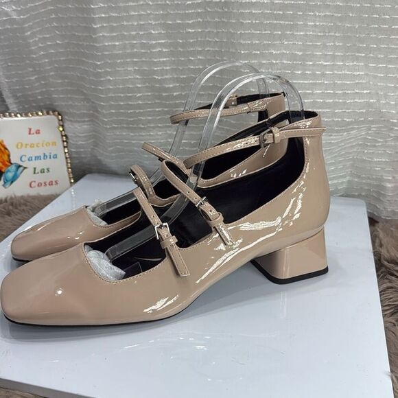 (A2) Zara Beige/Tan Multi Strap Square Toe Patent Leather Mary Jane Shoes,US40/9 - Picture 4 of 13